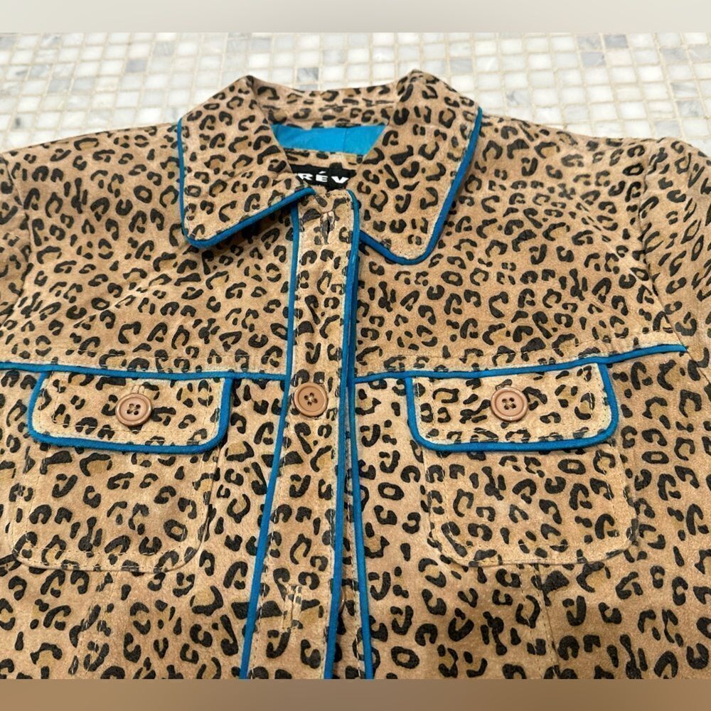 Revue Leather Brown Animal Print with Turquoise Trim Jacket - Picture 5 of 10